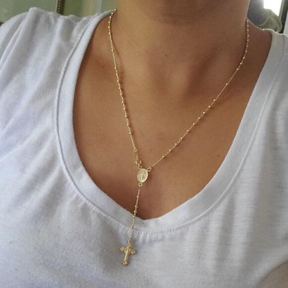 18k gold over sterling Rosary Cross Y Necklace - Picture 1 of 4